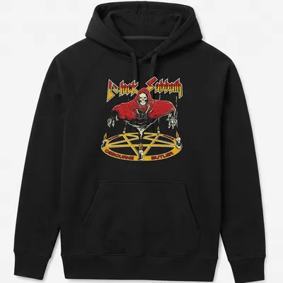 Vintage Black Sabbath t-shirt featuring a Doom Metal Reaper in red, white, yellow, and black — printed on a unisex hoodie