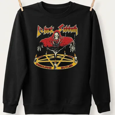 Vintage Black Sabbath t-shirt featuring a Doom Metal Reaper in red, white, yellow, and black — printed on a unisex sweatshirt