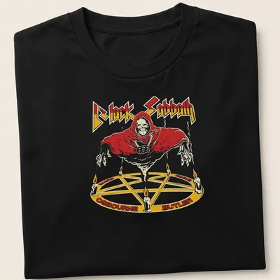 Vintage Black Sabbath t-shirt featuring a Doom Metal Reaper in red, white, yellow, and black