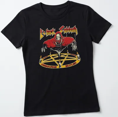 Vintage Black Sabbath t-shirt featuring a Doom Metal Reaper in red, white, yellow, and black — printed on a women's shirt