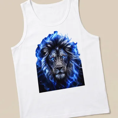 Realistic fantasy blue lion illustration on — printed on a tank top