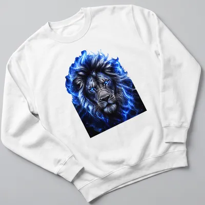 Realistic fantasy blue lion illustration on — printed on a unisex sweatshirt