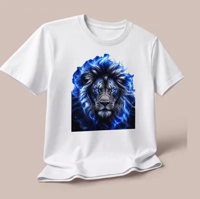 Realistic fantasy blue lion illustration on — printed on a unisex t-shirt (angled view)