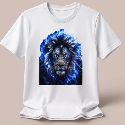 Realistic fantasy blue lion illustration on t-shirt