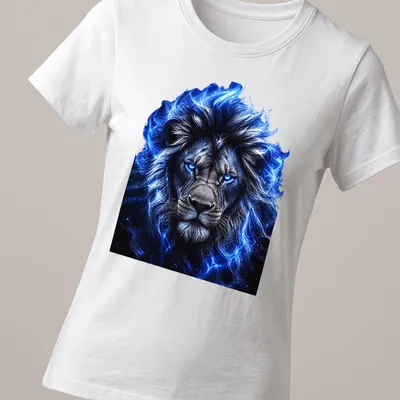 Realistic fantasy blue lion illustration on — printed on a women's shirt