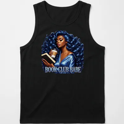 Vibrant illustration of a blue-haired woman holding a book and coffee with the text 'Book Club Babe' — printed on a tank top