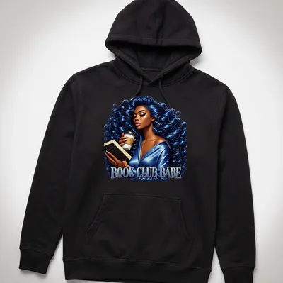 Vibrant illustration of a blue-haired woman holding a book and coffee with the text 'Book Club Babe' — printed on a unisex hoodie