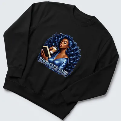 Vibrant illustration of a blue-haired woman holding a book and coffee with the text 'Book Club Babe' — printed on a unisex sweatshirt