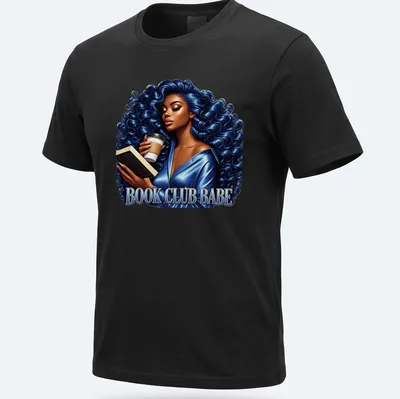 Vibrant illustration of a blue-haired woman holding a book and coffee with the text 'Book Club Babe'