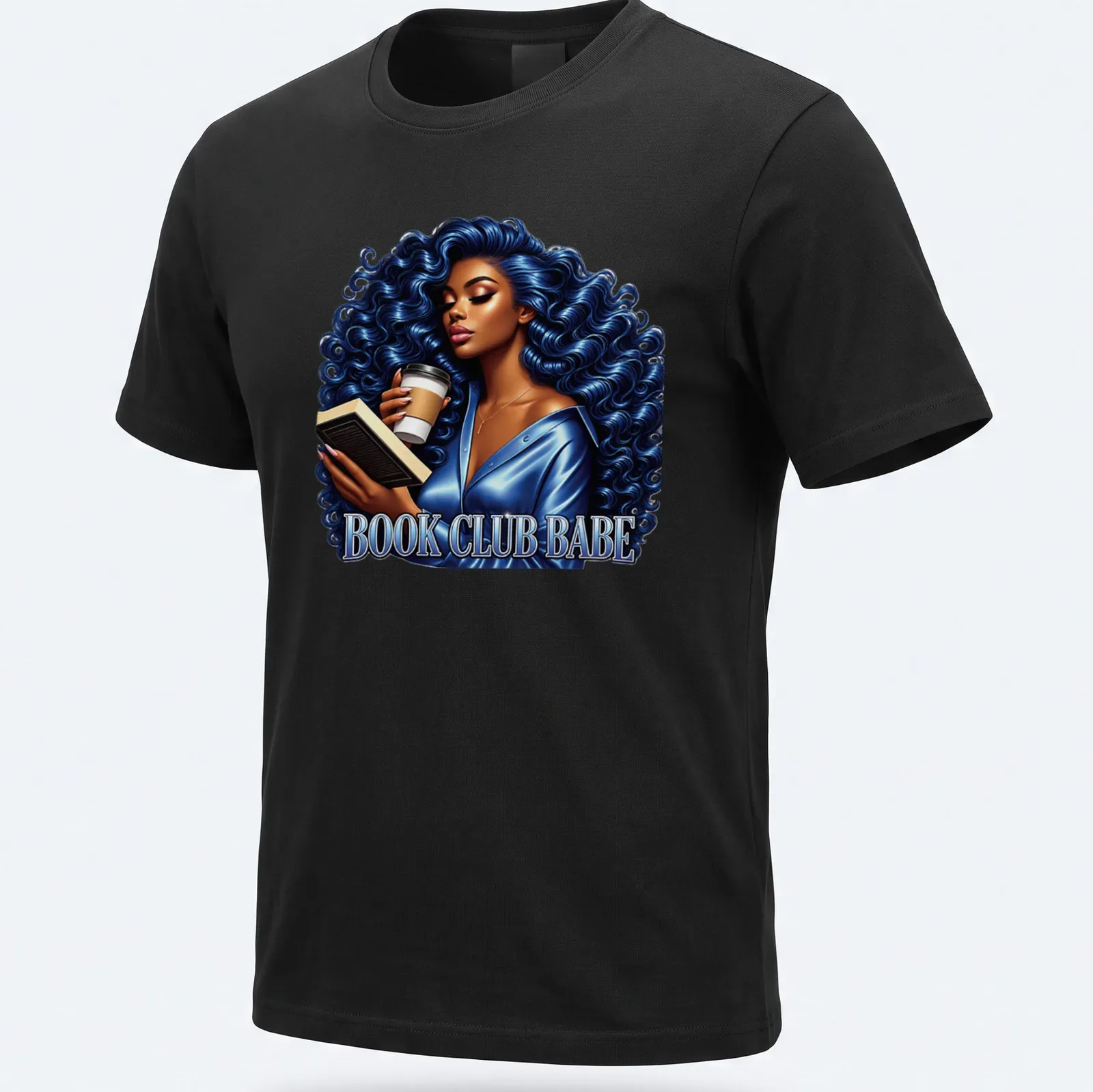 Vibrant illustration of a blue-haired woman holding a book and coffee with the text 'Book Club Babe' — printed on a unisex t-shirt