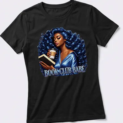Vibrant illustration of a blue-haired woman holding a book and coffee with the text 'Book Club Babe' — printed on a women's shirt