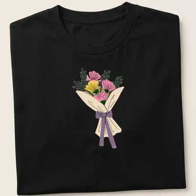 Kawaii illustration of a colorful bouquet of flowers on a t-shirt