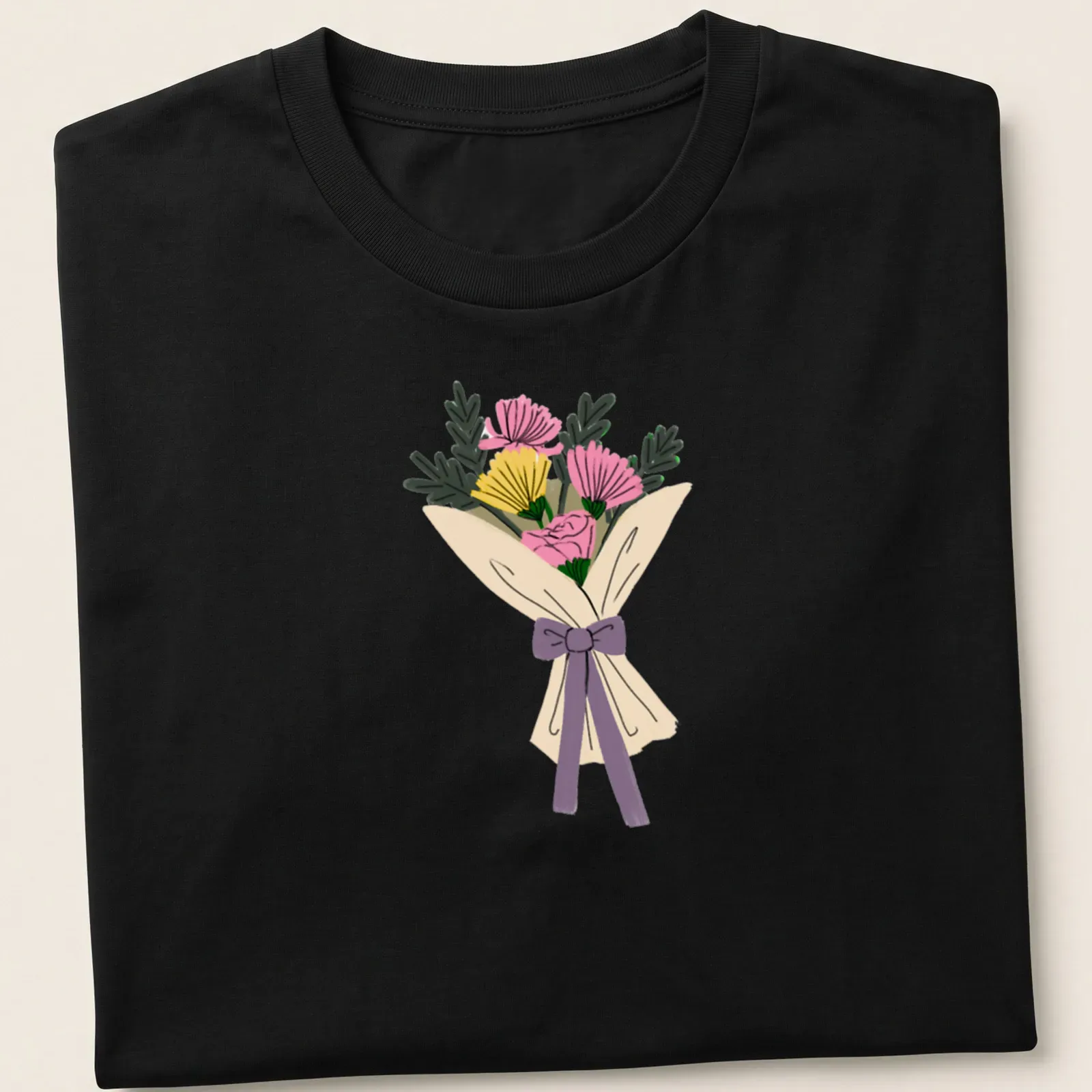 Kawaii illustration of a colorful bouquet of flowers on a — printed on a unisex t-shirt