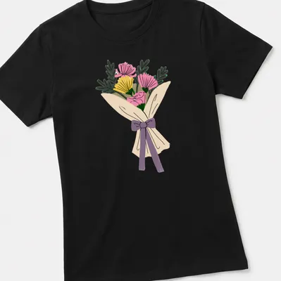Kawaii illustration of a colorful bouquet of flowers on a — printed on a women's shirt
