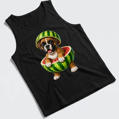 Cartoon boxer dog eating watermelon on a summer-themed — printed on a tank top