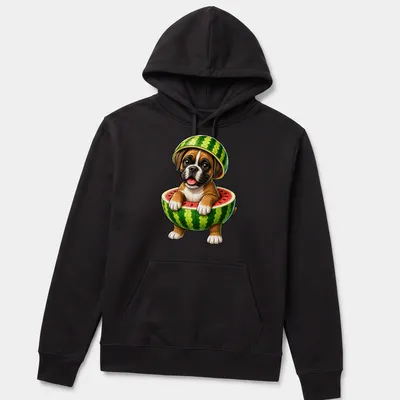 Cartoon boxer dog eating watermelon on a summer-themed — printed on a unisex hoodie