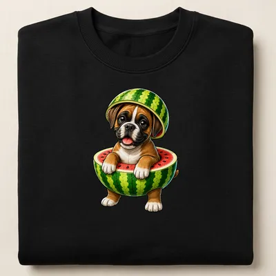 Cartoon boxer dog eating watermelon on a summer-themed — printed on a unisex sweatshirt
