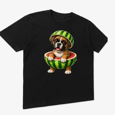 Cartoon boxer dog eating watermelon on a summer-themed — printed on a unisex t-shirt (angled view)