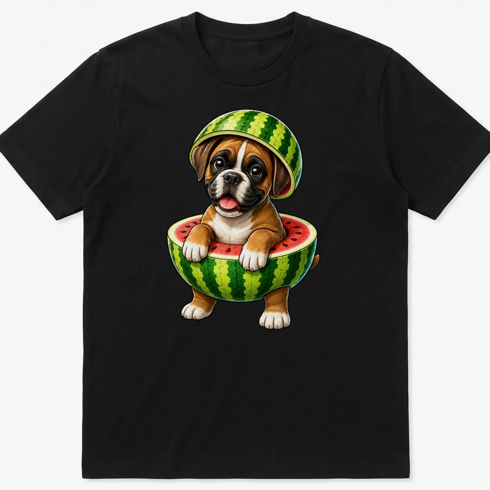 Cartoon boxer dog eating watermelon on a summer-themed — printed on a unisex t-shirt