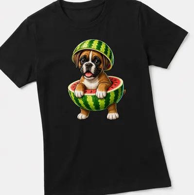 Cartoon boxer dog eating watermelon on a summer-themed — printed on a women's shirt