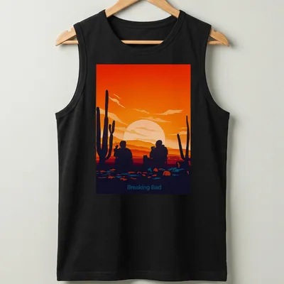 Silhouette of two characters from Breaking Bad against a sunset in flat design. — printed on a tank top
