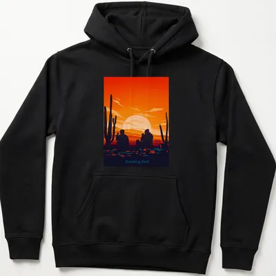 Silhouette of two characters from Breaking Bad against a sunset in flat design. — printed on a unisex hoodie