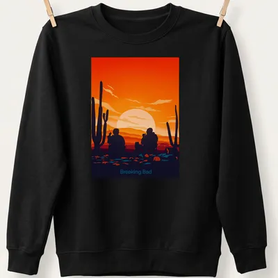 Silhouette of two characters from Breaking Bad against a sunset in flat design. — printed on a unisex sweatshirt