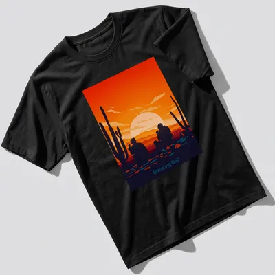 Silhouette of two characters from Breaking Bad against a sunset in flat design.