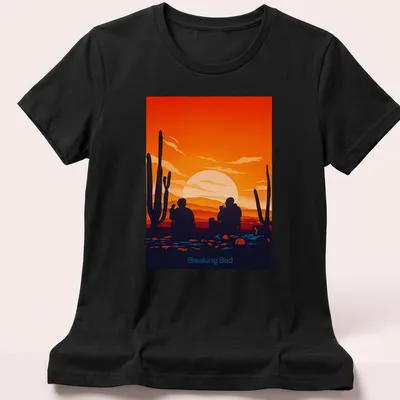Silhouette of two characters from Breaking Bad against a sunset in flat design. — printed on a women's shirt