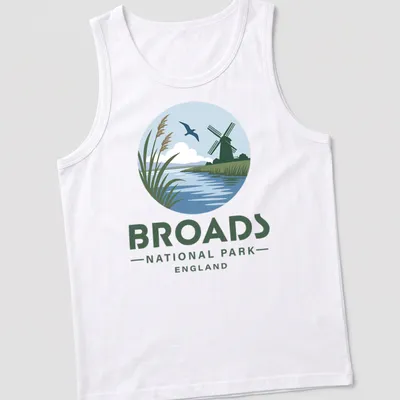 Illustrative design of a windmill and river in Broads National Park, England — printed on a tank top