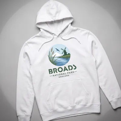 Illustrative design of a windmill and river in Broads National Park, England — printed on a unisex hoodie