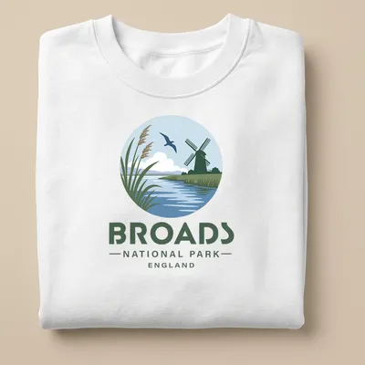 Illustrative design of a windmill and river in Broads National Park, England — printed on a unisex sweatshirt