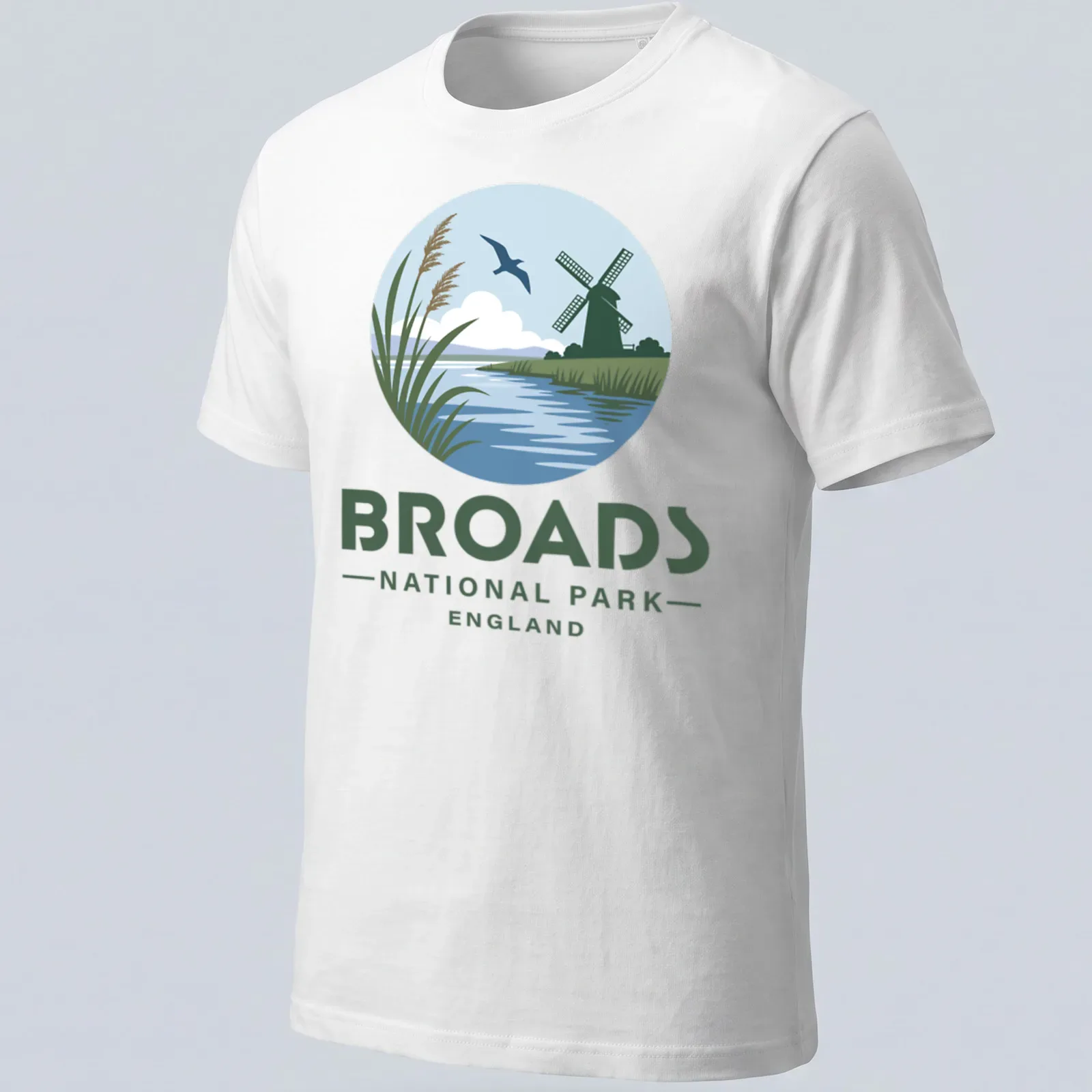 Illustrative design of a windmill and river in Broads National Park, England — printed on a unisex t-shirt