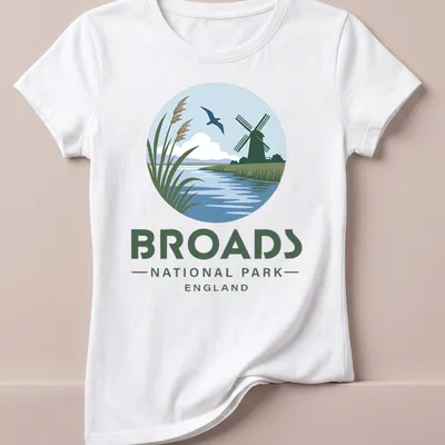Illustrative design of a windmill and river in Broads National Park, England — printed on a women's shirt