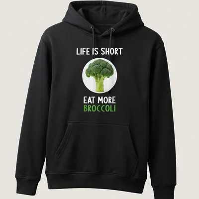 Modern shirt with a clean design featuring broccoli and humorous text about eating more vegetables — printed on a unisex hoodie