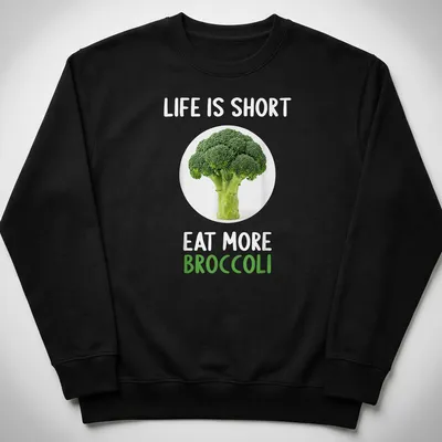 Modern shirt with a clean design featuring broccoli and humorous text about eating more vegetables — printed on a unisex sweatshirt