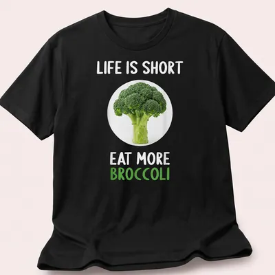 Modern shirt with a clean design featuring broccoli and humorous text about eating more vegetables