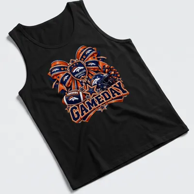 Sparkly Broncos gameday t-shirt with helmet and festive design — printed on a tank top