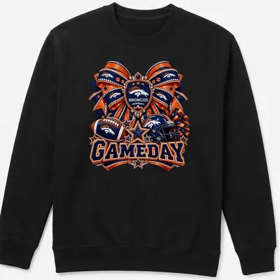 Sparkly Broncos gameday t-shirt with helmet and festive design — printed on a unisex sweatshirt
