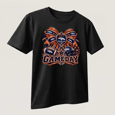 Sparkly Broncos gameday t-shirt with helmet and festive design — printed on a unisex t-shirt (angled view)