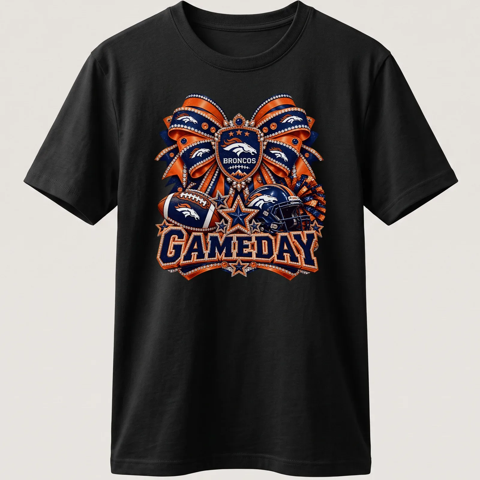 Sparkly Broncos gameday t-shirt with helmet and festive design — printed on a unisex t-shirt