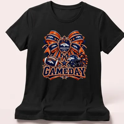 Sparkly Broncos gameday t-shirt with helmet and festive design — printed on a women's shirt