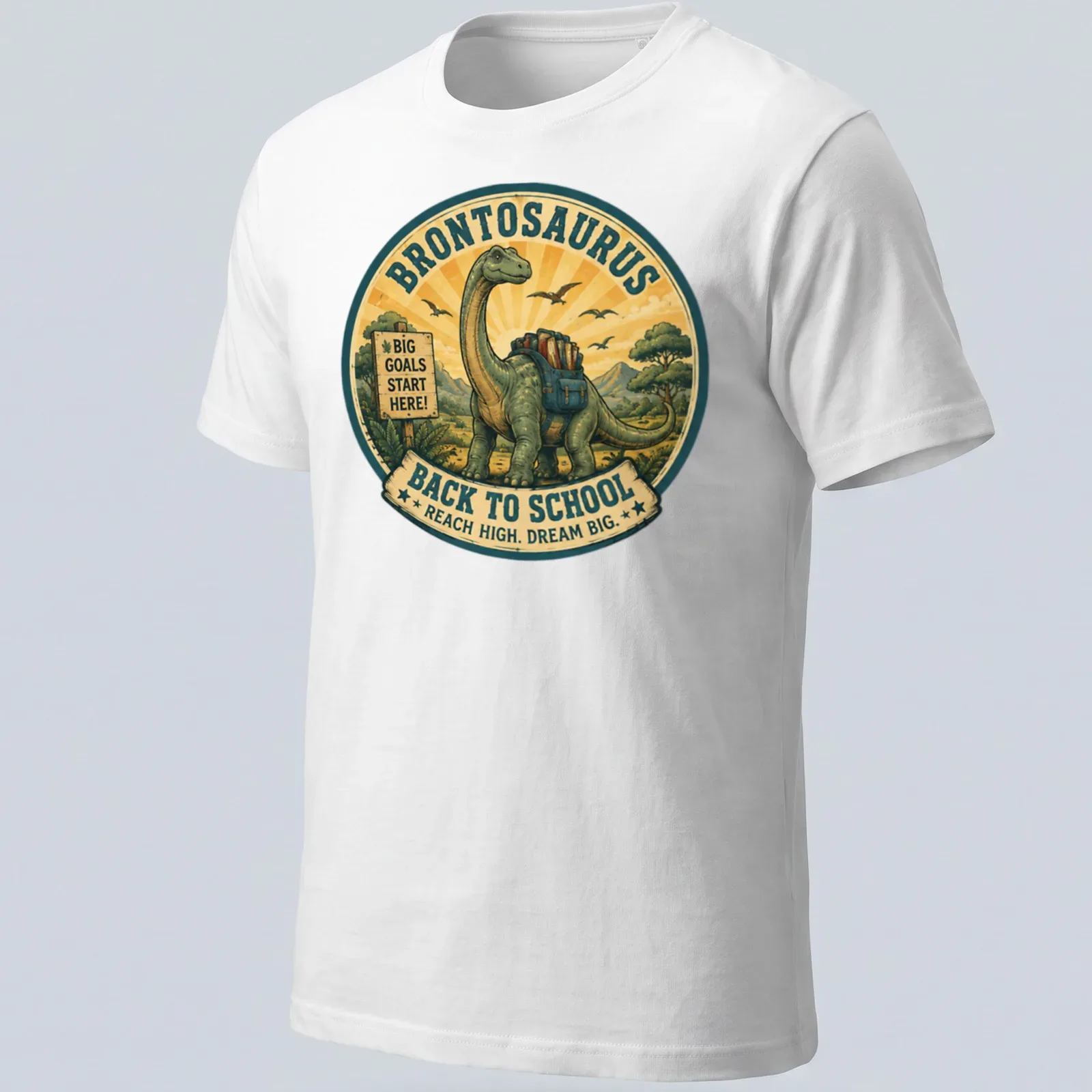 Vintage illustrated Brontosaurus with motivational text for kids' back to school — printed on a unisex t-shirt