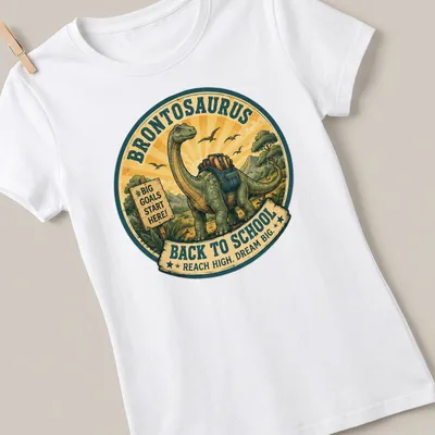Vintage illustrated Brontosaurus with motivational text for kids' back to school — printed on a women's shirt