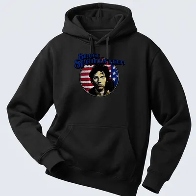 Vintage retro Bruce Springsteen t-shirt with bold lettering in multiple colors — printed on a unisex hoodie