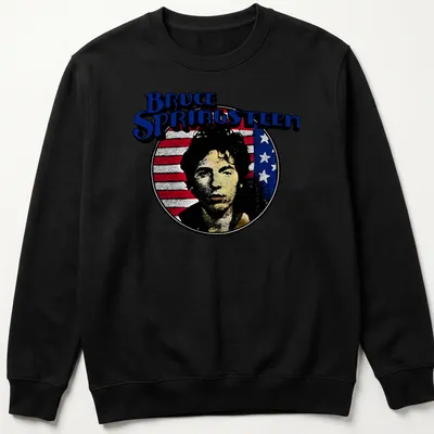 Vintage retro Bruce Springsteen t-shirt with bold lettering in multiple colors — printed on a unisex sweatshirt
