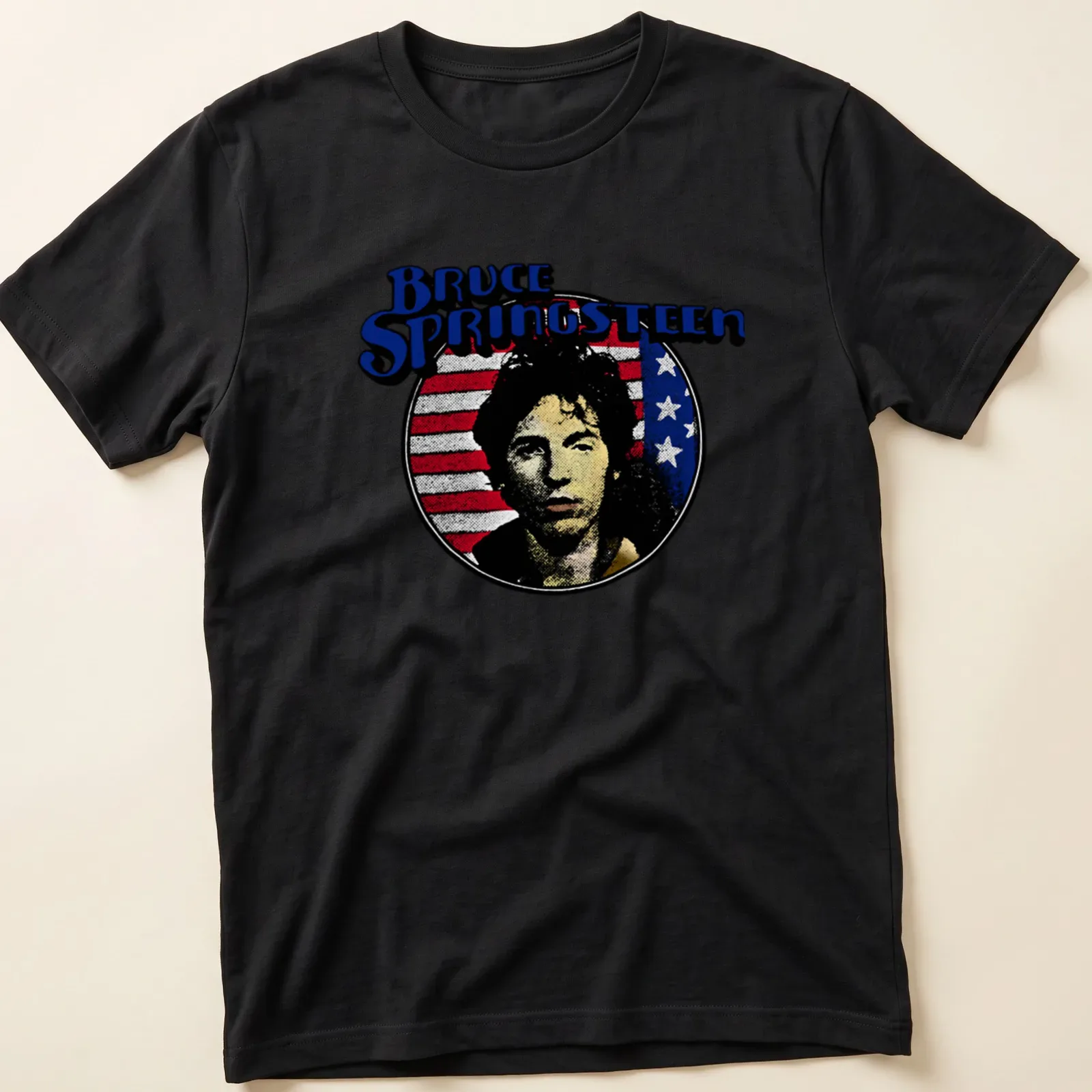 Vintage retro Bruce Springsteen t-shirt with bold lettering in multiple colors — printed on a unisex t-shirt