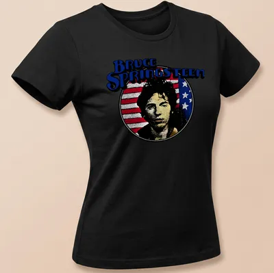 Vintage retro Bruce Springsteen t-shirt with bold lettering in multiple colors — printed on a women's shirt