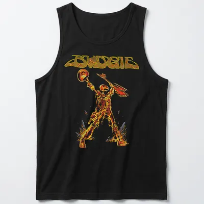Bold Budgie T-shirt featuring a skeleton warrior in heavy metal style — printed on a tank top