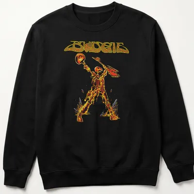 Bold Budgie T-shirt featuring a skeleton warrior in heavy metal style — printed on a unisex sweatshirt
